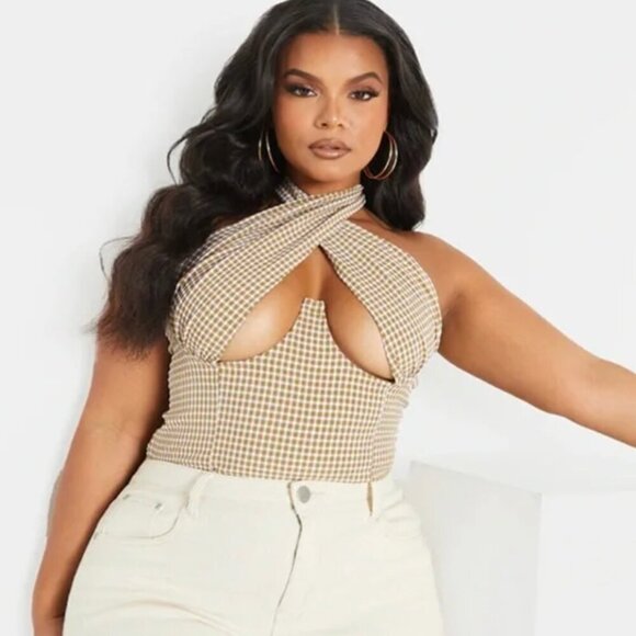 PrettyLittleThing Gingham Halter Corset Top - Picture 2 of 7